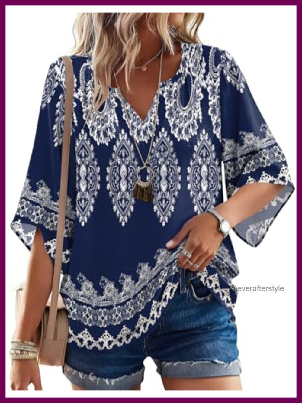 Women's Boho Tunic Top 3/4 Sleeve V Neck Loose Fit Peasant Blouse